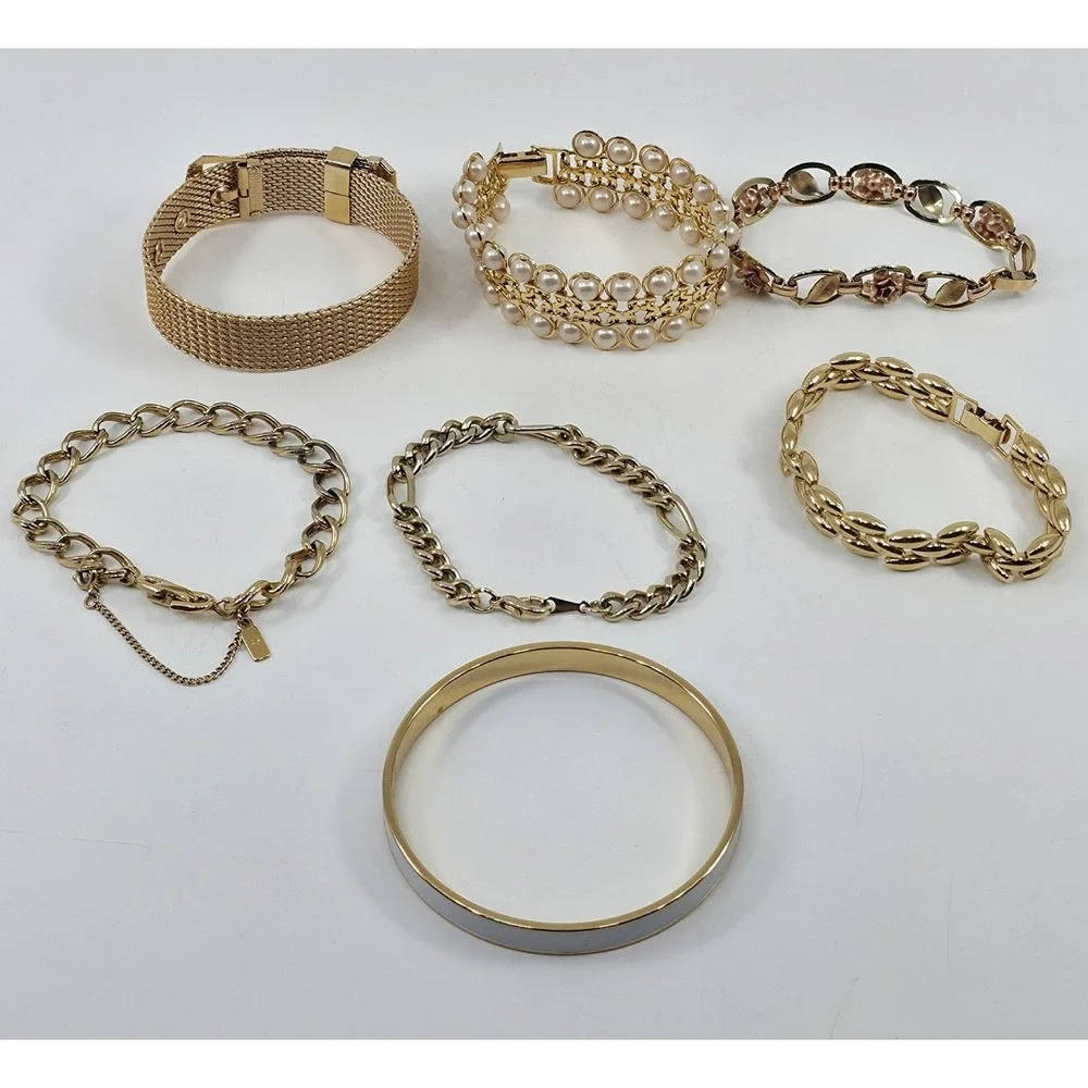 Lot of 7 Gold Tone Bracelets Mesh‎ Buckle Faux Pearl Rose Floral Enamel Bangle